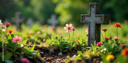Fading flowers and weeds grow around the grave site, earthy, overgrowth, landscape