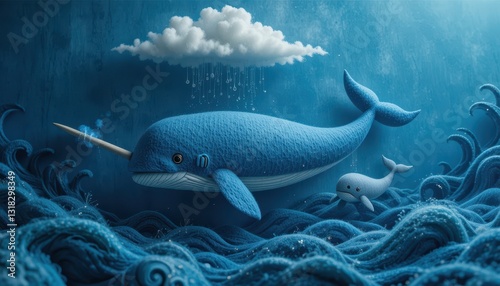 Magical Narwhal and Whale Calf Swim in Ocean Under a Rain Cloud