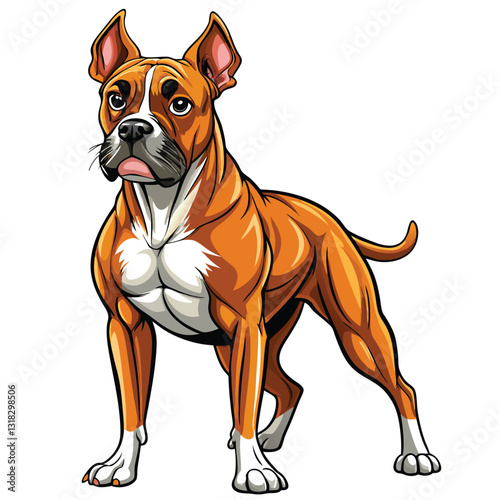 A powerful Boxer dog stands alert, muscles tensed, showcasing its strong physique and breed characteristics in a dynamic pose.