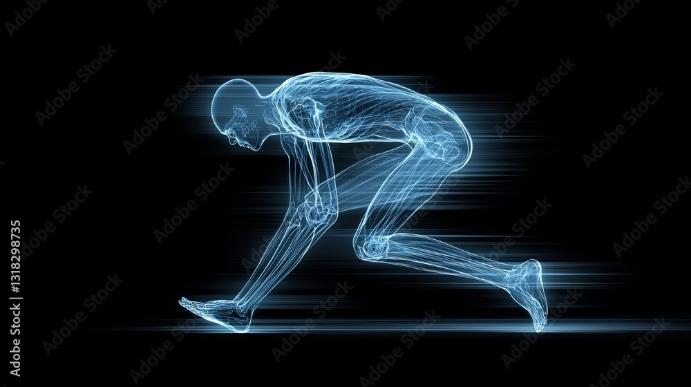 Energetic Sprinter Skeleton X Ray Visualization of Athlete in Starting Position on Black Backdrop Illuminated by Neon Light Energetic Sprinter Skeleton X Ray Visualization of Athlete in Starting Position on Black Backdrop Illuminated by Neon Light