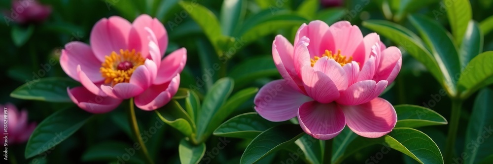 Exotic peony blooms nestled in the midst of dense green leaves, nature, flowers Exotic peony blooms nestled in the midst of dense green leaves, nature, flowers
