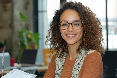 Woman with curly hair & glasses sitting at desk, typing on laptop, surrounded by books & stationery. Bright room with large windows, plants in the background.