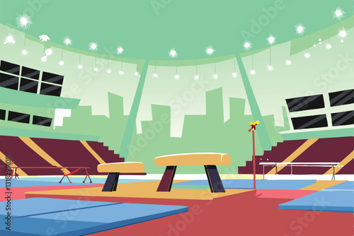 A vast, cavernous gymnastics arena pulsates with vibrant energy; athletes perform daring routines under dramatic lighting.