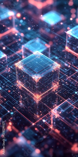 A close up of a cube with a blue and red background. The cube is surrounded by a lot of small squares and dots. The image has a futuristic and technological feel to it