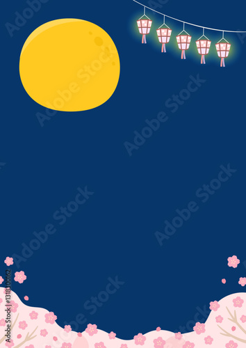 春の桜のイラスト、月と桜の夜桜の風景、桜の背景イラスト素材10