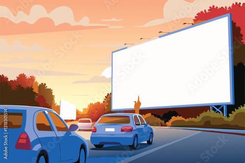 Golden sunset casts long shadows on a massive, bustling highway; speeding cars create motion blur.  Detailed scene, vibrant colors.