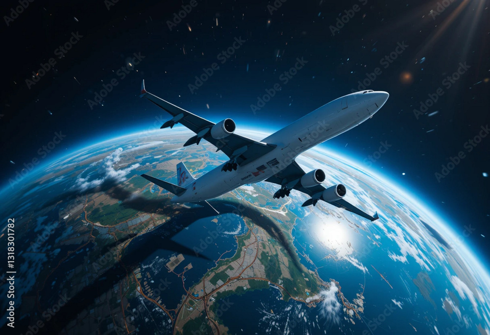 custom made wallpaper toronto digitalModern Passenger Aircraft Soaring Through Space with Illuminated Earth Below Against Starlit Cosmos