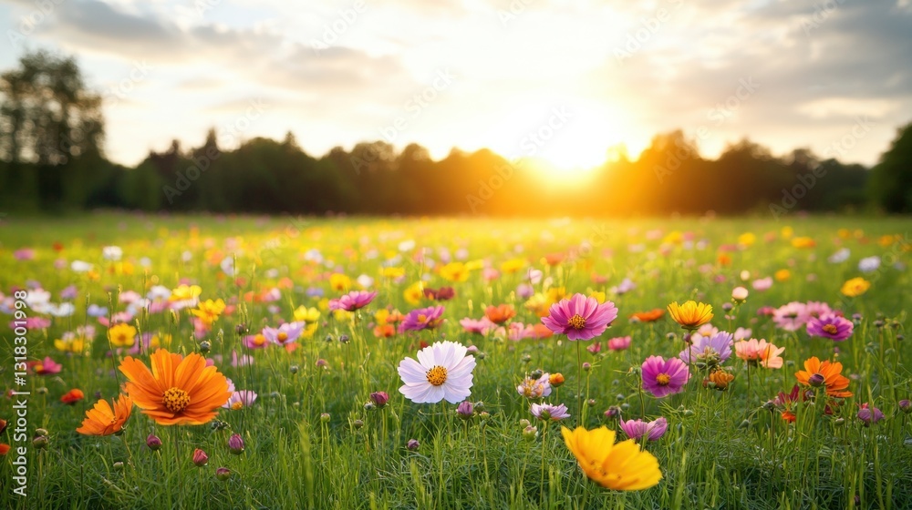 Obraz premium A beautiful and expansive field of colorful cosmos flowers blooming under a clear blue sky on a sunny day