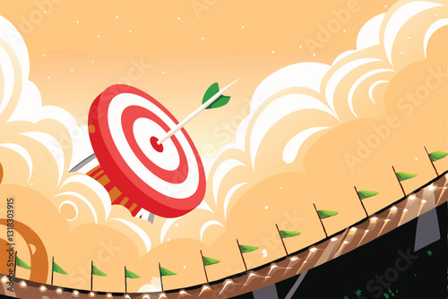 A gigantic bullseye target, ominous and imposing, dominates the sky above a mostly empty stadium, creating a surreal and unsettling scene.