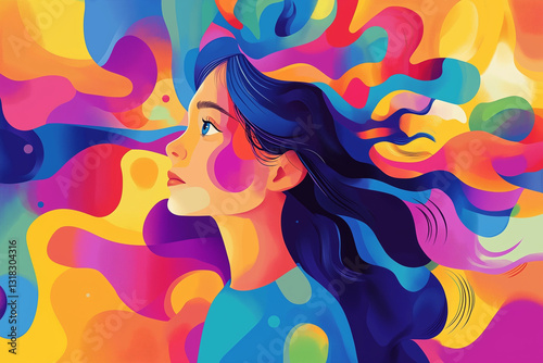 Colorful illustration of a little girl. World Autism Awareness Day, April 2. World Autism Awareness Day or Month concept and child mental health concept.