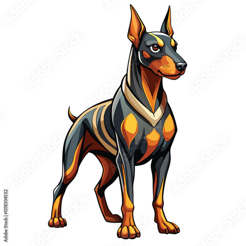 A sleek, muscular Doberman Pinscher stands alert, in a protective posture, showcasing its powerful physique and intense gaze.