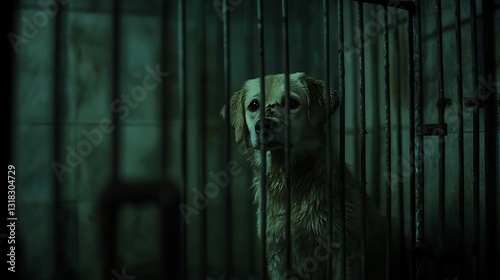 Sad dog behind rusty shelter cage pictures