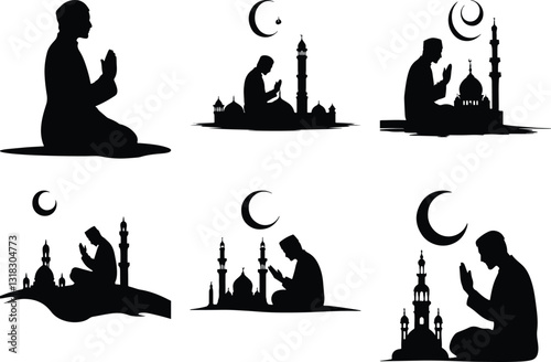 A silhouette design bundle of all the people seen praying to Allah.
