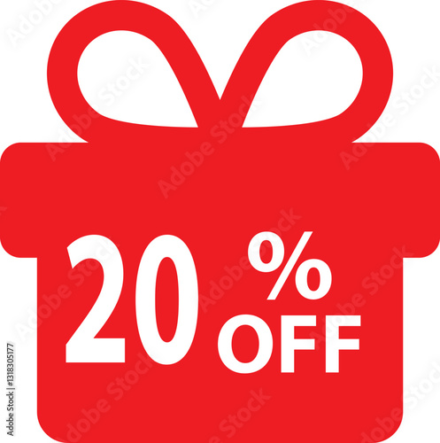 The illustration of a gift with a red ribbon and a discount featuring information about a 20 percent off promotion