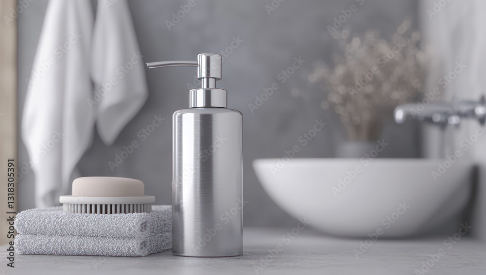 Elegantly placed soap bottle with silver dispenser, gray backdrop. Elegantly placed soap bottle with silver dispenser, gray backdrop.