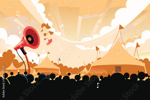 A gigantic loudspeaker dominates a vibrant festival scene, powerful sound waves emanating outwards.  The crowd is partially visible, enjoying the music.