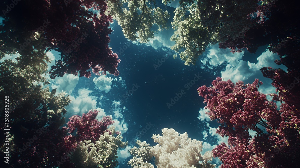 Overhead View of Colorful Tree Canopy Against a Blue Sky with Clouds Overhead View of Colorful Tree Canopy Against a Blue Sky with Clouds