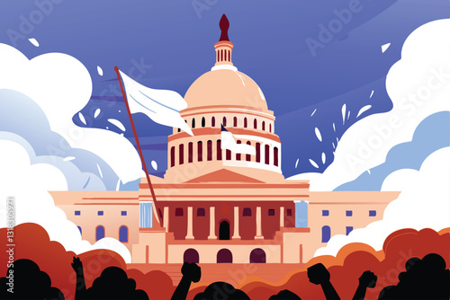 A majestic capitol building, its grandeur marred by a large, ominous crack splitting its dome.  Depict crumbling details and a sense of impending collapse.