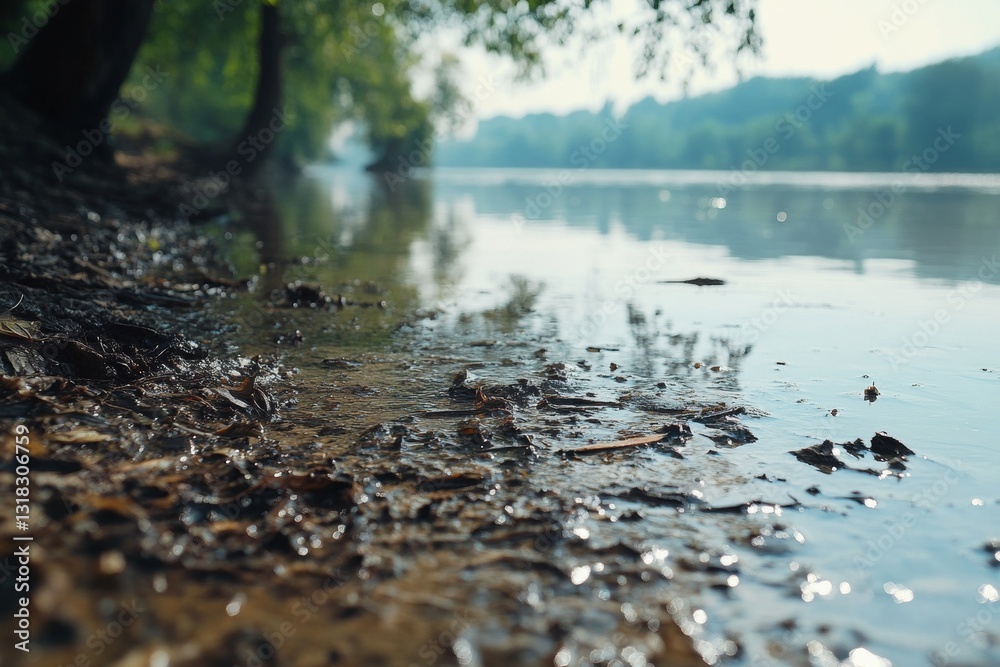 Fototapeta premium A peaceful riverbank scene at sunrise showcasing sparkling water, fallen leaves, and tree reflections, encapsulating the beauty of serene nature.