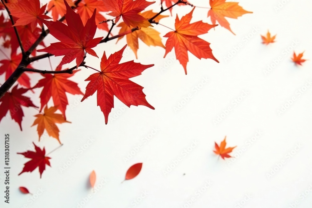 Delicate maple leaves scattered on a pristine white background, colors, tree, white
