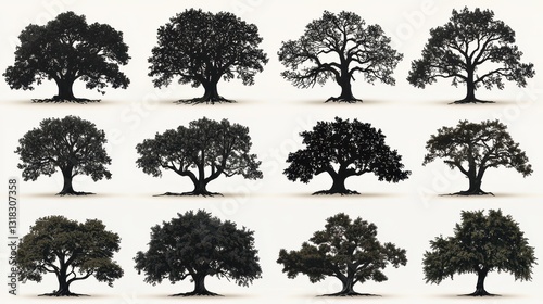 A diverse collection of oak tree silhouettes, each a testament to the grandeur of nature's artistry, ready to be seamlessly integrated into your design, from simple line drawings to intricate 