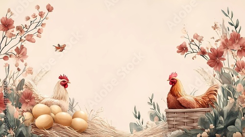 An artistic bohemian flat illustration for National Egg Month, depicting an elegant farm scene with free-range chickens, golden eggs, and rustic wooden baskets