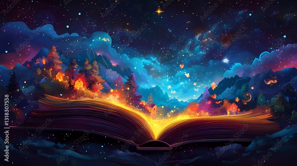 Flat illustration celebrating International Mother Goose Day, featuring a magical storybook opening to reveal Mother Goose, nursery rhyme characters, and glowing text Flat illustration celebrating International Mother Goose Day, featuring a magical storybook opening to reveal Mother Goose, nursery rhyme characters, and glowing text