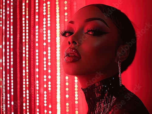 A drag queen, adorned in extravagant make-up and flamboyant attire, stands silhouetted against a glamorous nightclub backdrop, their expressive eyes reflecting their inner confidence and artistic 