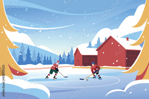 A shimmering frozen lake reflects a vibrant winter sky; ice skaters glide gracefully across the pristine surface.
