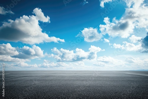 Empty asphalt road stretches under a vibrant blue sky dotted with fluffy white clouds