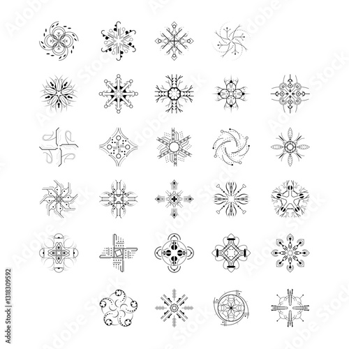 Set Black Colleciton Line Snowflake Doodle Winter Decoration Elements Vector Design Style