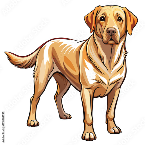 A short-haired Labrador Retriever stands alertly, ears pricked, gazing intently at something unseen.  High-quality, detailed image.