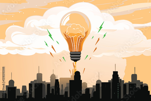 A colossal lightbulb, glowing intensely, illuminates a futuristic city skyline at night.  The bulb's radiant light casts dramatic shadows.