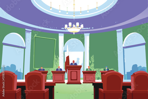 A majestic senate chamber, opulent politial setting, high ornate ceilings, detailed architectural features,  powerful atmosphere.