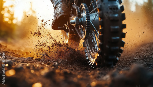 Close up of motorcycle tire kicking up dirt and dust in motion, showcasing thrill of off road riding. warm sunlight enhances dynamic scene