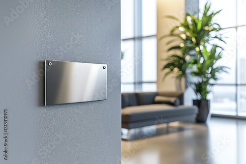 Ultra-minimalist stainless steel nameplate mounted in professional office.