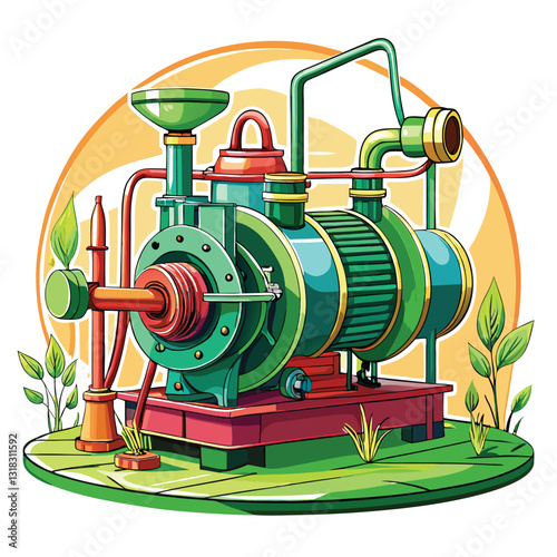A powerful centrifugal irrigation pump, with multiple large-diameter hoses, actively rotating,  in a field setting.
