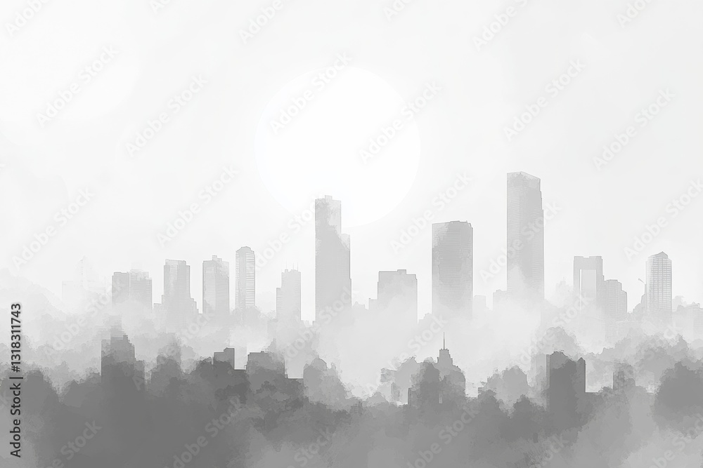 Obraz premium This captivating monochrome artwork features an urban skyline shrouded in mist, creating a tranquil atmosphere with a glowing sun. Ideal for various creative projects.