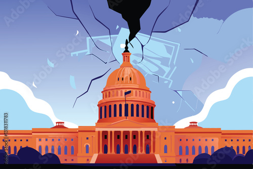 A colossal, fractured government seal crumbles dramatically above a damaged capitol building, symbolizing political instability.