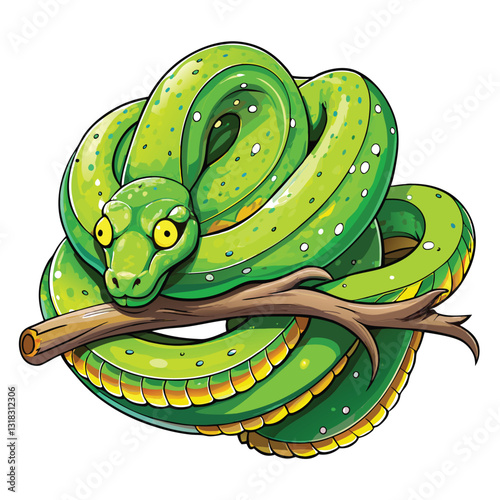A vibrant green tree python gracefully coiled around a thick branch, showcasing its bright emerald scales and captivating eyes in a lush, natural setting.