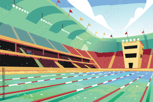 A massive indoor Olympic-sized swimming pool gleams brilliantly under bright lights, showcasing pristine water and modern architecture.