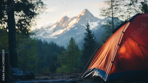Red tent in the foreground with snowy mountains and forest in the background
