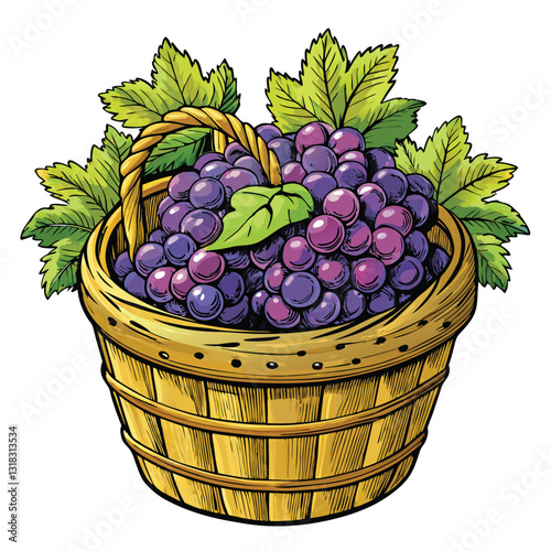 A rustic handwoven basket overflowing with freshly picked green grapes, sunlight illuminating the scene.