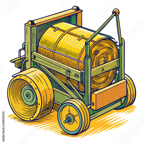 Photograph of a vintage hay baler, showcasing its cylindrical rollers and compaction mechanism in detail, ideally in a rural setting.