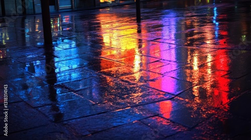 Wallpaper Mural Vibrant city reflections on wet stone pavement after rain  Torontodigital.ca