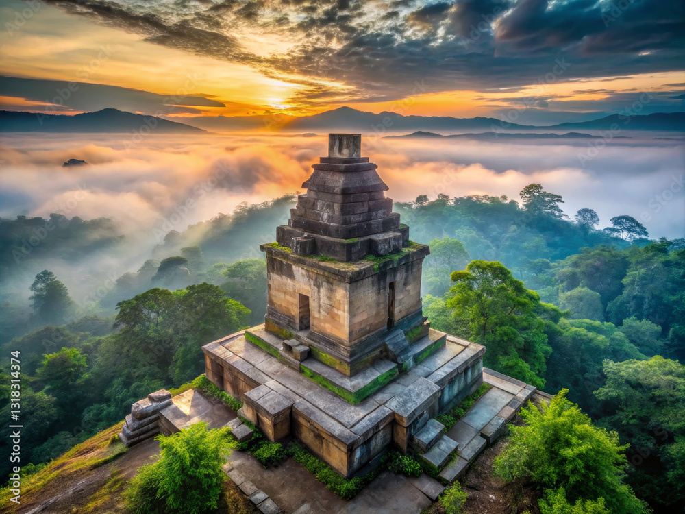 Majestic stone monument rises above misty forest at sunrise Majestic stone monument rises above misty forest at sunrise