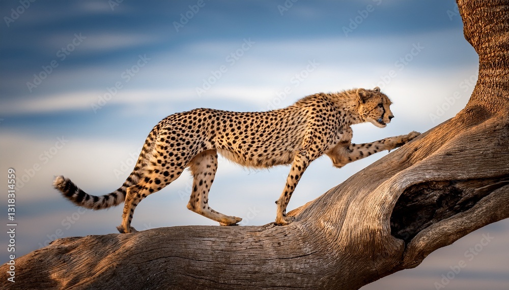 Obraz premium Cheetah walks down twisted tree. Generated image