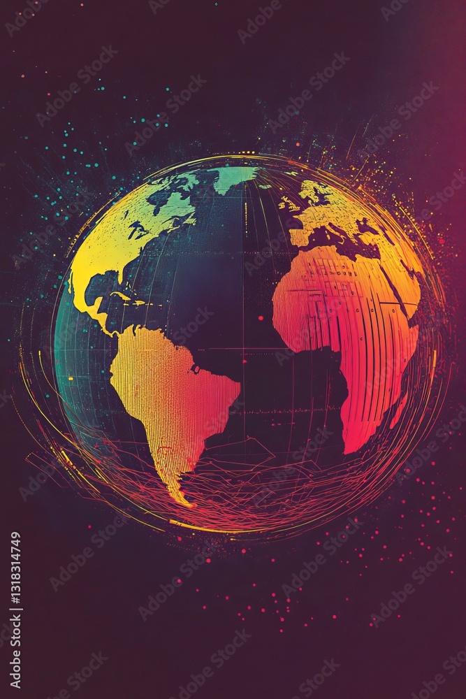 Fototapeta premium This vibrant abstract illustration features a colorful globe design with dynamic lines and shapes. Perfect for technology, travel, or global themes.