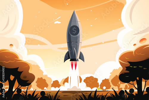 A colossal rocket, emblazoned with dollar signs, dramatically launches from a fiery launchpad, leaving a trail of smoke and fire.