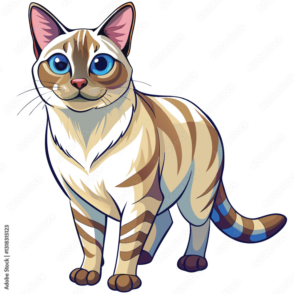 Fototapeta premium Elegant cream lynx point Siamese cat standing gracefully, showcasing its distinctive markings and pointed fur. High-quality image.